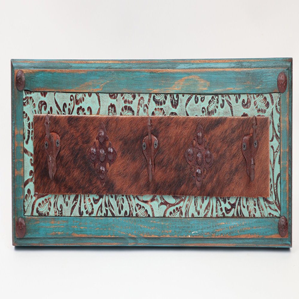Turquoise Ranch Cowhide Leather Rustic Hat Rack