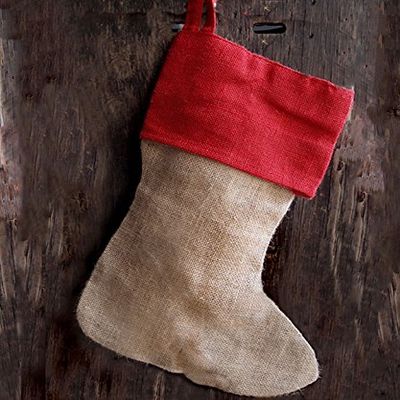 AK TRADING CO. Burlap Jute Holidays Christmas Stockings - Pack of 6 - Natural Jute Stocking with Red Cuff (8" x 17"H x 12" Foot)