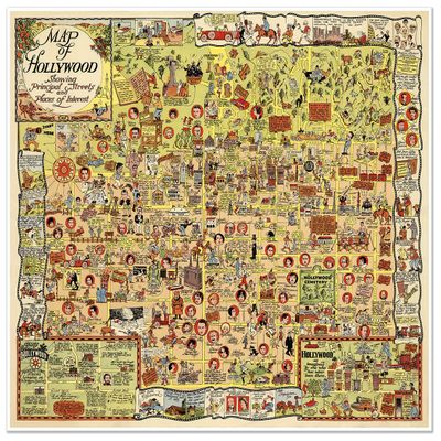 Antiguos Maps - Hollywood California Map of The Stars Circa 1928 - Measures 24 in x 28 in (610 mm x 711 mm)