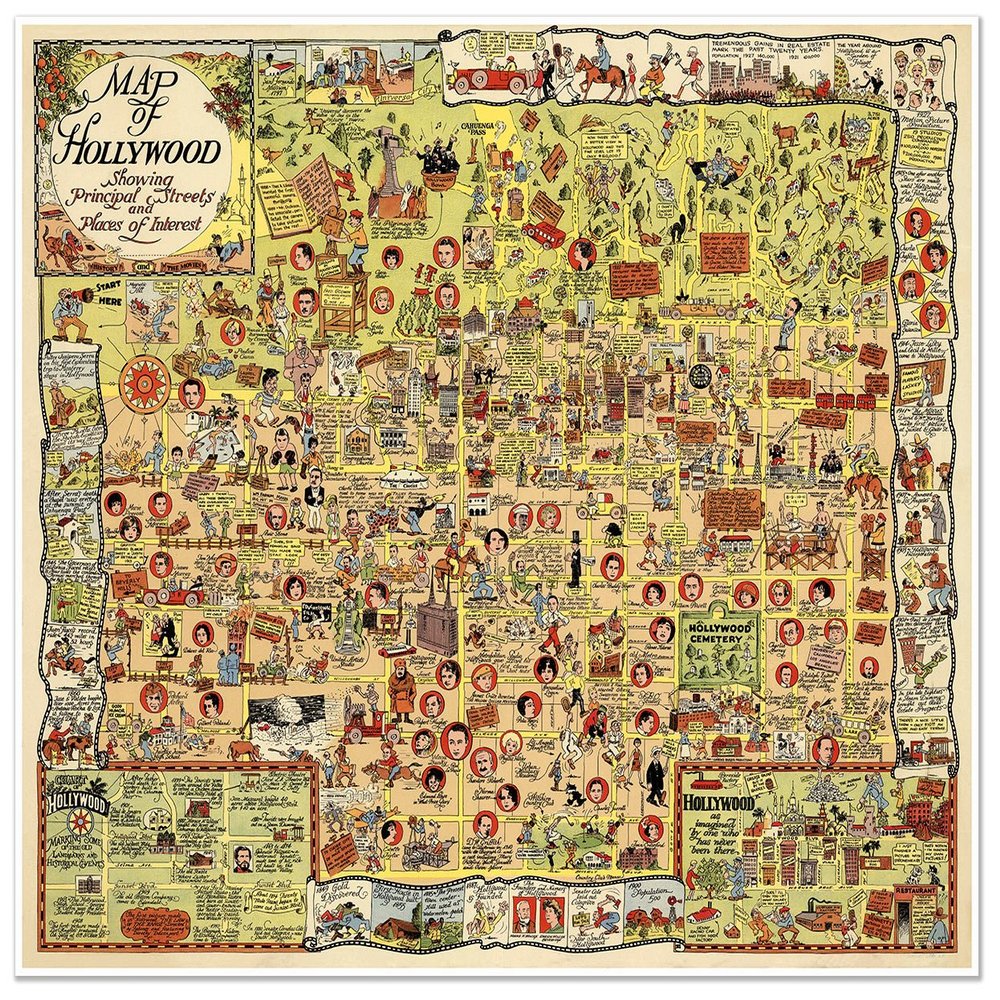 Antiguos Maps - Hollywood California Map of The Stars Circa 1928 - Measures 24 in x 28 in (610 mm x 711 mm)