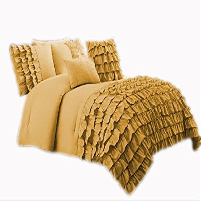 800 Thread Count Premium Waterfall Half Ruffle Duvet Cover Full/Queen 100% Egyptian Cotton Gold