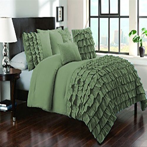580 Thread Count Premium Waterfall Half Ruffle Duvet Cover California Queen 100% Egyptian Cotton Moss