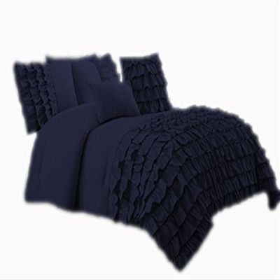 650 Thread Count Premium Waterfall Half Ruffle Duvet Cover Full XL 100% Egyptian Cotton Navy Blue