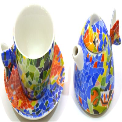 ART ESCUDELLERS Porcelain INDIVIDUAL TEA SET BUTTERFLY decorated in TRENCADIS Gaud style. (Colour AURORA). 8.46'' x 4.92'' x 2.95''