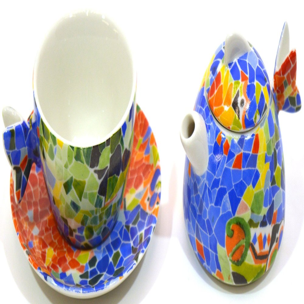 ART ESCUDELLERS Porcelain INDIVIDUAL TEA SET BUTTERFLY decorated in TRENCADIS Gaud style. (Colour AURORA). 8.46'' x 4.92'' x 2.95''