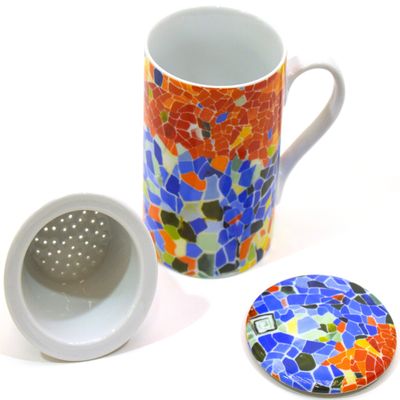 ART ESCUDELLERS Porcelain MUG/CUP WITH HANDLE/TISANA WITH FILTER AND LID decorated in TRENCADIS Gaud style. (Colour AURORA). 4.53'' x 3.15'' x 4.33''