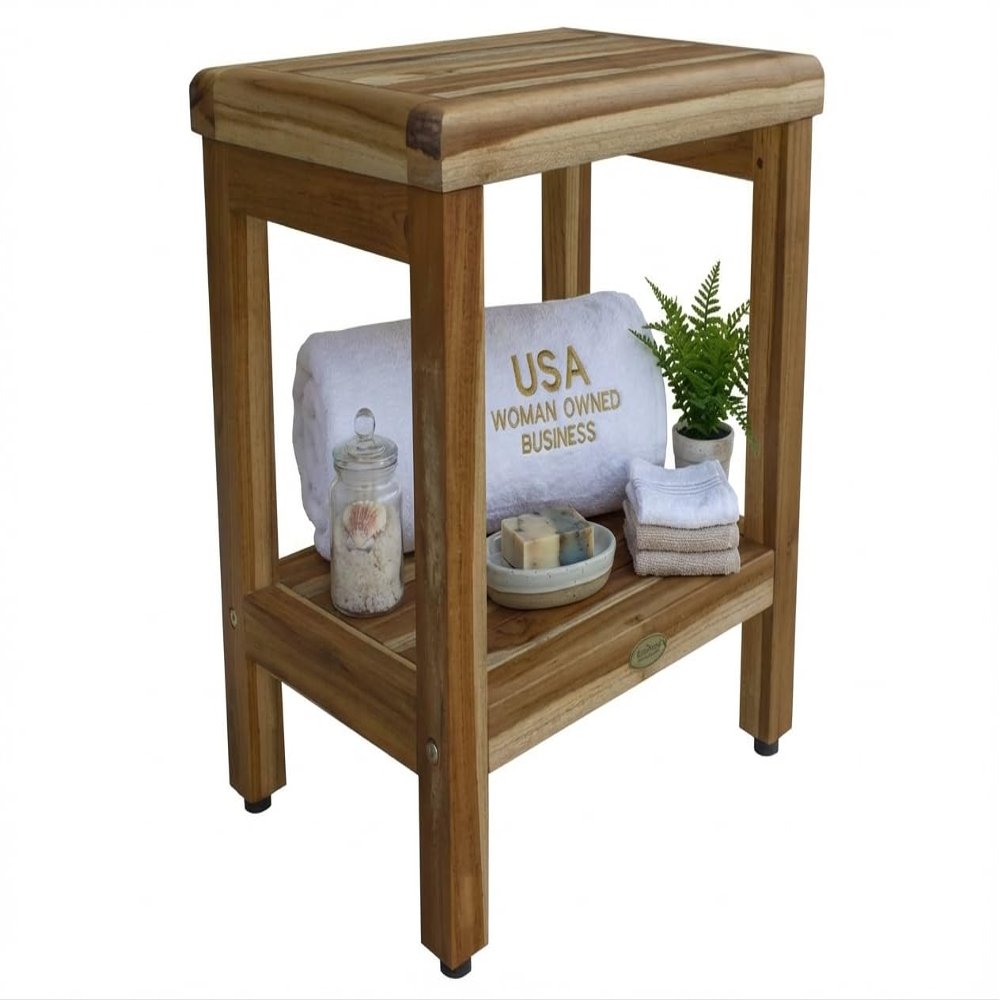 EcoDecors Eleganto 18 Inch Natural Color Waterproof Teak Wood Shower Bench Stool Seat Chair For Inside Shower Provides Safety, Storage, and Organization For Bathroom Accessories