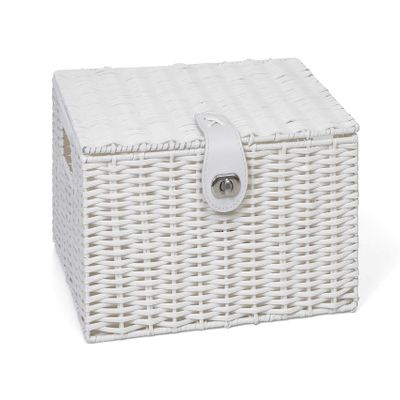 ARPAN Medium Resin Woven Storage Basket Box with Lid & Lock, M, White
