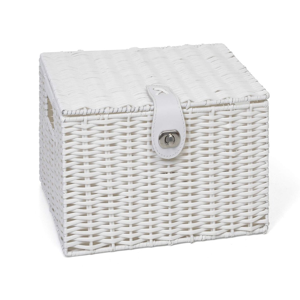 ARPAN Medium Resin Woven Storage Basket Box with Lid & Lock, M, White