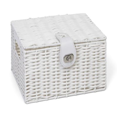 ARPAN Small Resin Woven Storage Basket Box with Lid & Lock - White