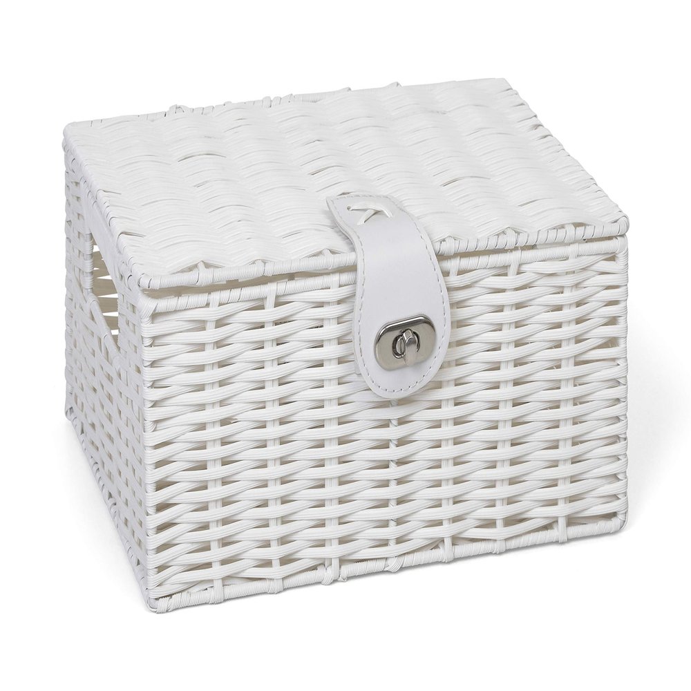 ARPAN Small Resin Woven Storage Basket Box with Lid & Lock - White