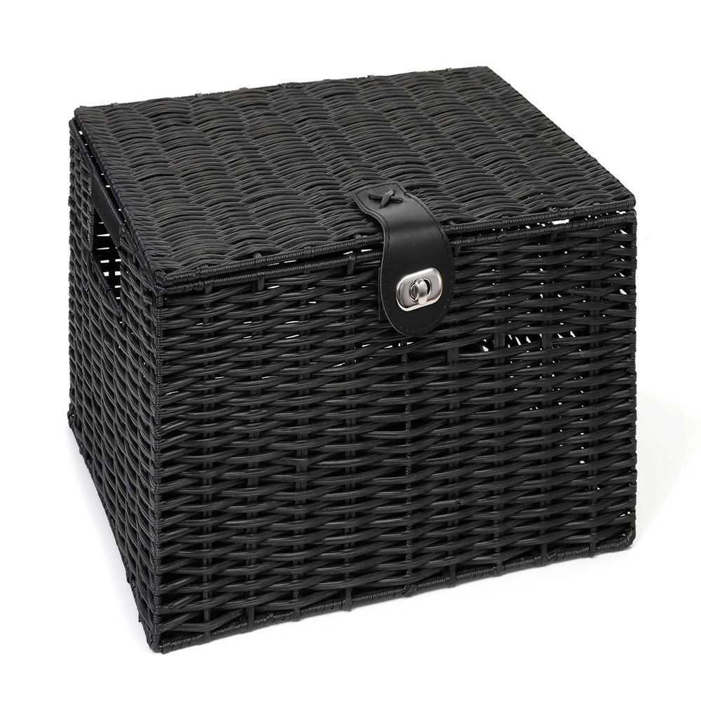 Arpan Large Resin Woven Storage Basket Box with Lid & Lock - Black