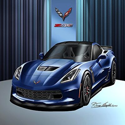 2015 CORVETTE Z06 WITH OPTIONAL AERO PACKAGE - NIGHT RACE BLUE - ART PRINT POSTER BY ARTIST DANNY WHITFIELD - SIZE 20 X 30