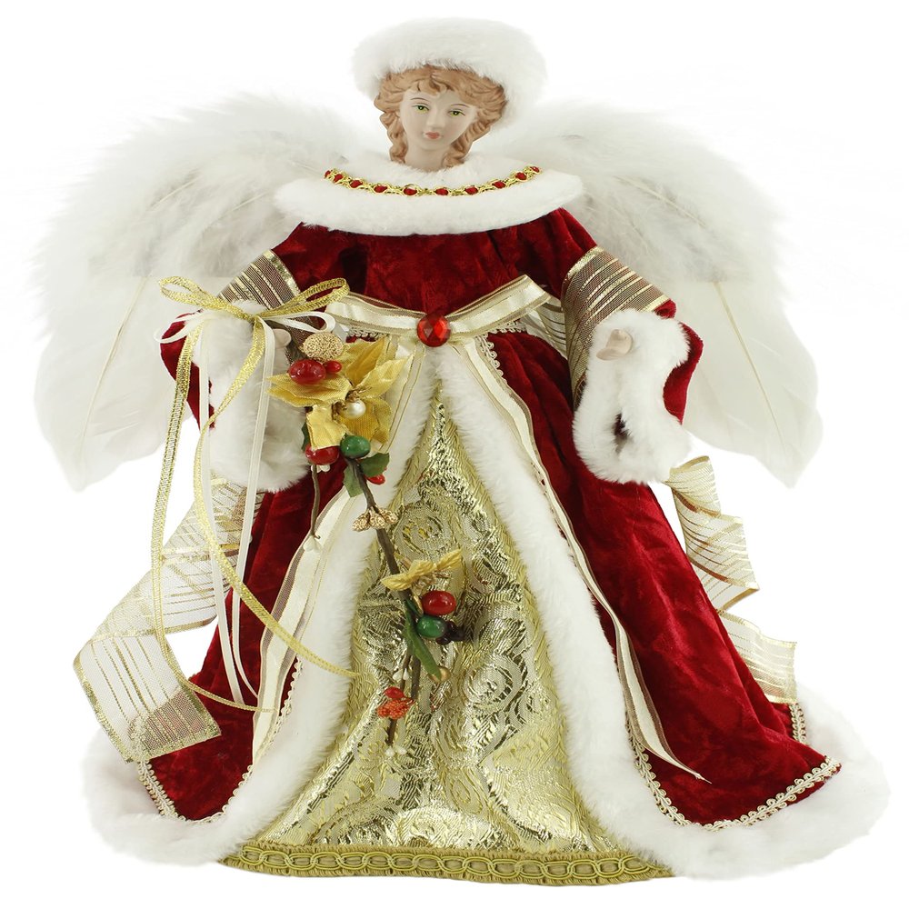 Windy Hill Collection 14" Inch Standing Red Floral Angel Christmas Tree Topper or Table Top 416570