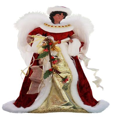 Windy Hill Collection 14" Inch Standing Red Floral African American Black Angel Christmas Tree Topper or Table Top 414570A