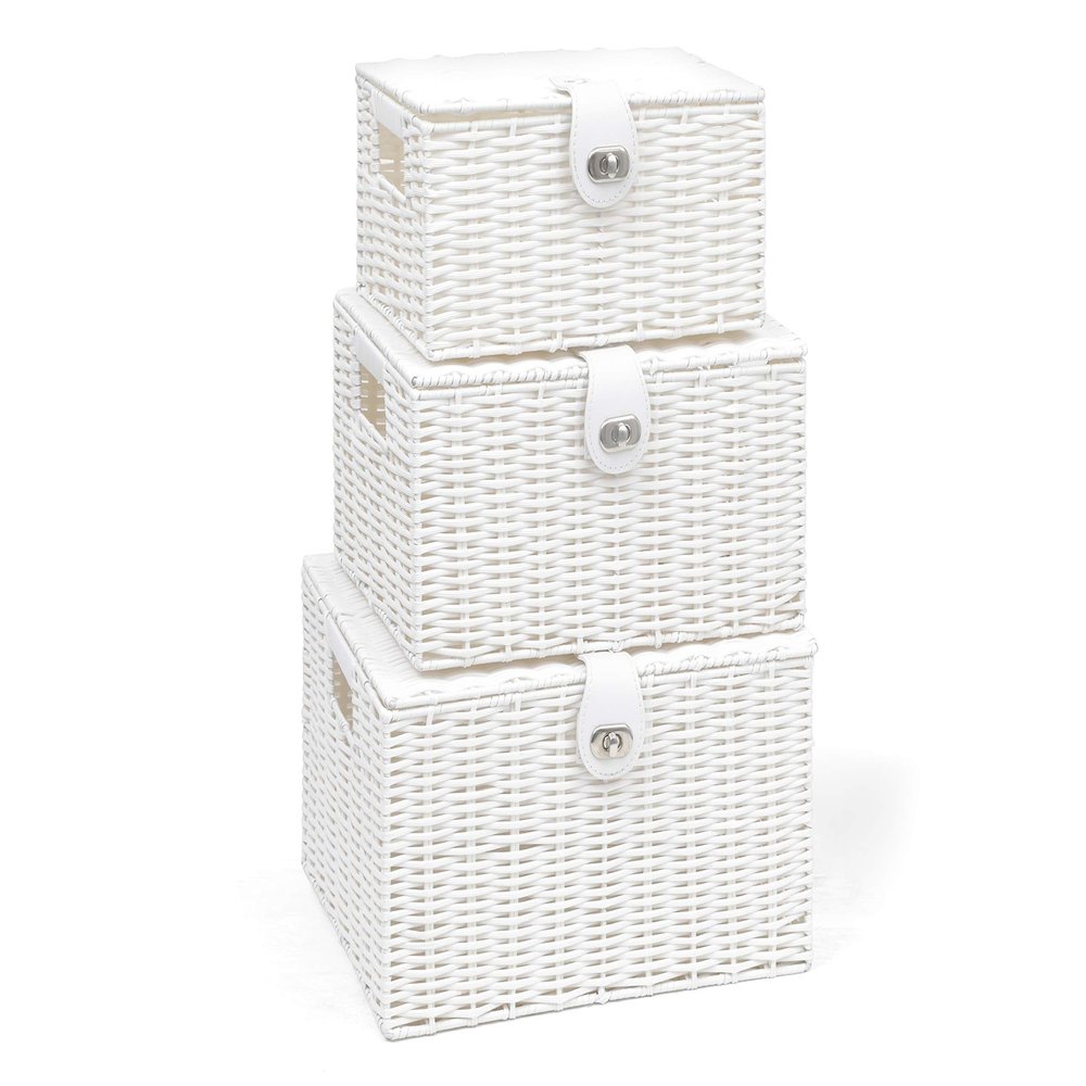 ARPAN Set of 3 Resin Woven Utility Storage Basket Box With Lid & Lock (White)