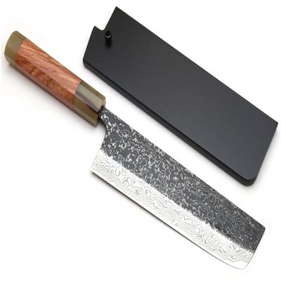 Yoshihiro Black-Forged High Performance SLD Damascus Steel Nakiri Vegetable Knife (7" (180mm), Ironwood Handle) (with Saya)