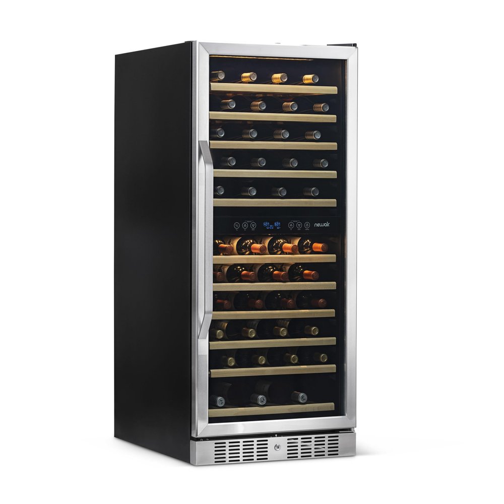 Newair 24" Wine Cooler Refrigerator, Large 116 Bottle Built-in or Freestanding Dual Zone Wine Cellar in Stainless Steel with Precision Thermostat, Full Extension Beechwood Shelves