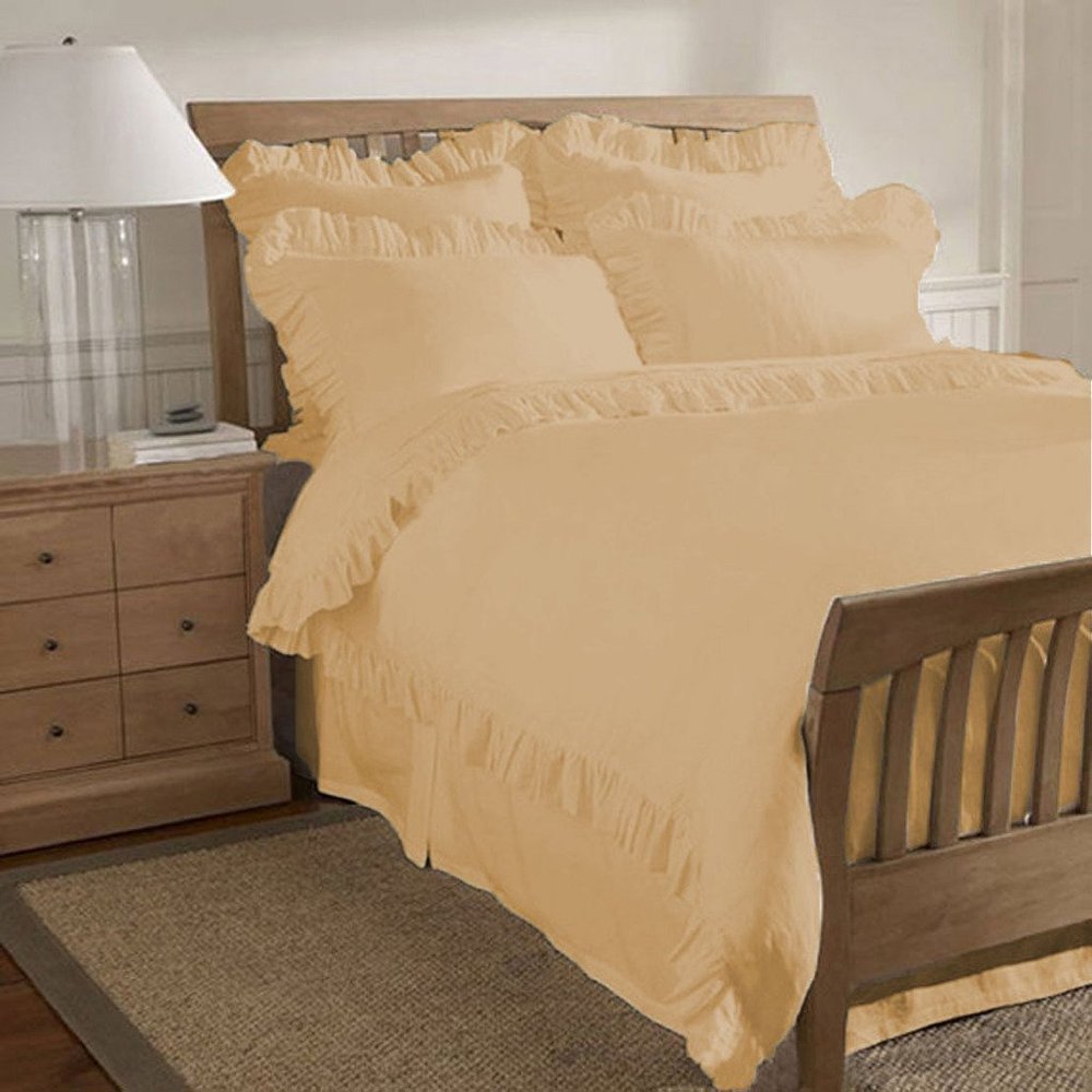 400 Thread Count 3 Piece Edge Ruffle Duvet Cover Set with Matching Pillow Shams California Queen 100% Egyptian Cotton Beige