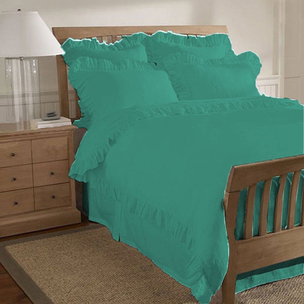 200 Thread Count 5 Piece Edge Ruffle Duvet Cover Set with Extra Pillow Shams Twin XL 100% Egyptian Cotton Cyan