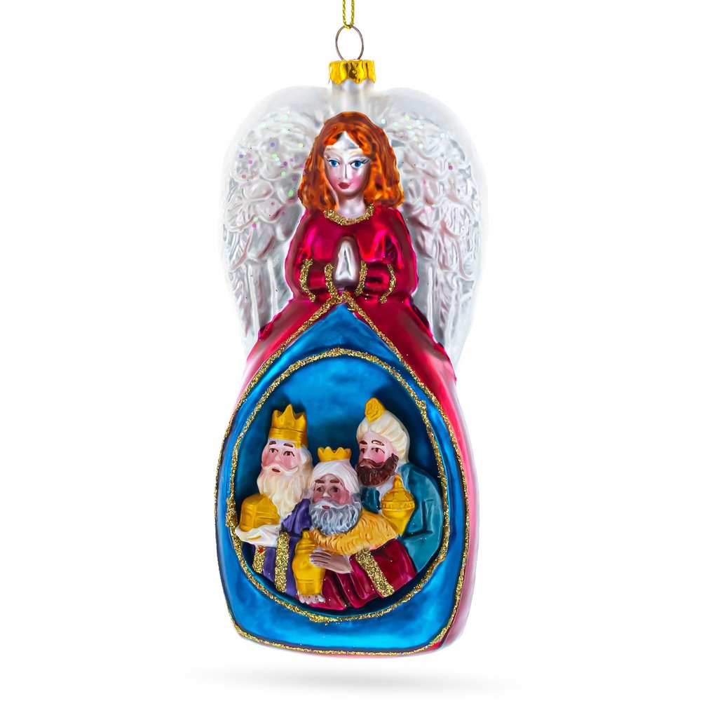 Angel with Three Wise Men Glass Christmas Ornament