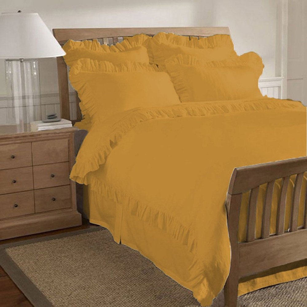 200 Thread Count 5 Piece Ruffle Hem Duvet Cover Set with Extra Pillow Shams California Queen 100% Egyptian Cotton Gold