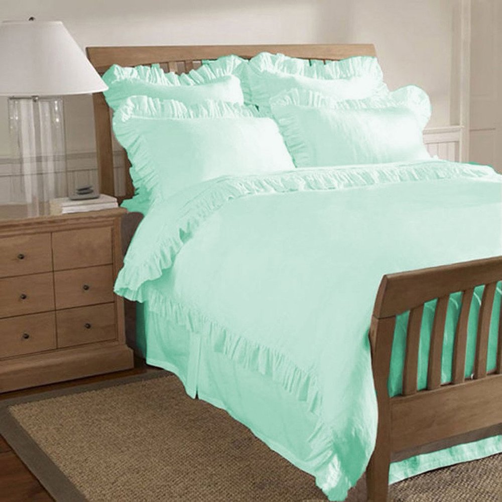 400 Thread Count 3 Piece Ruffle Hem Duvet Cover Set with Matching Pillow Shams Full XL 100% Egyptian Cotton Aqua