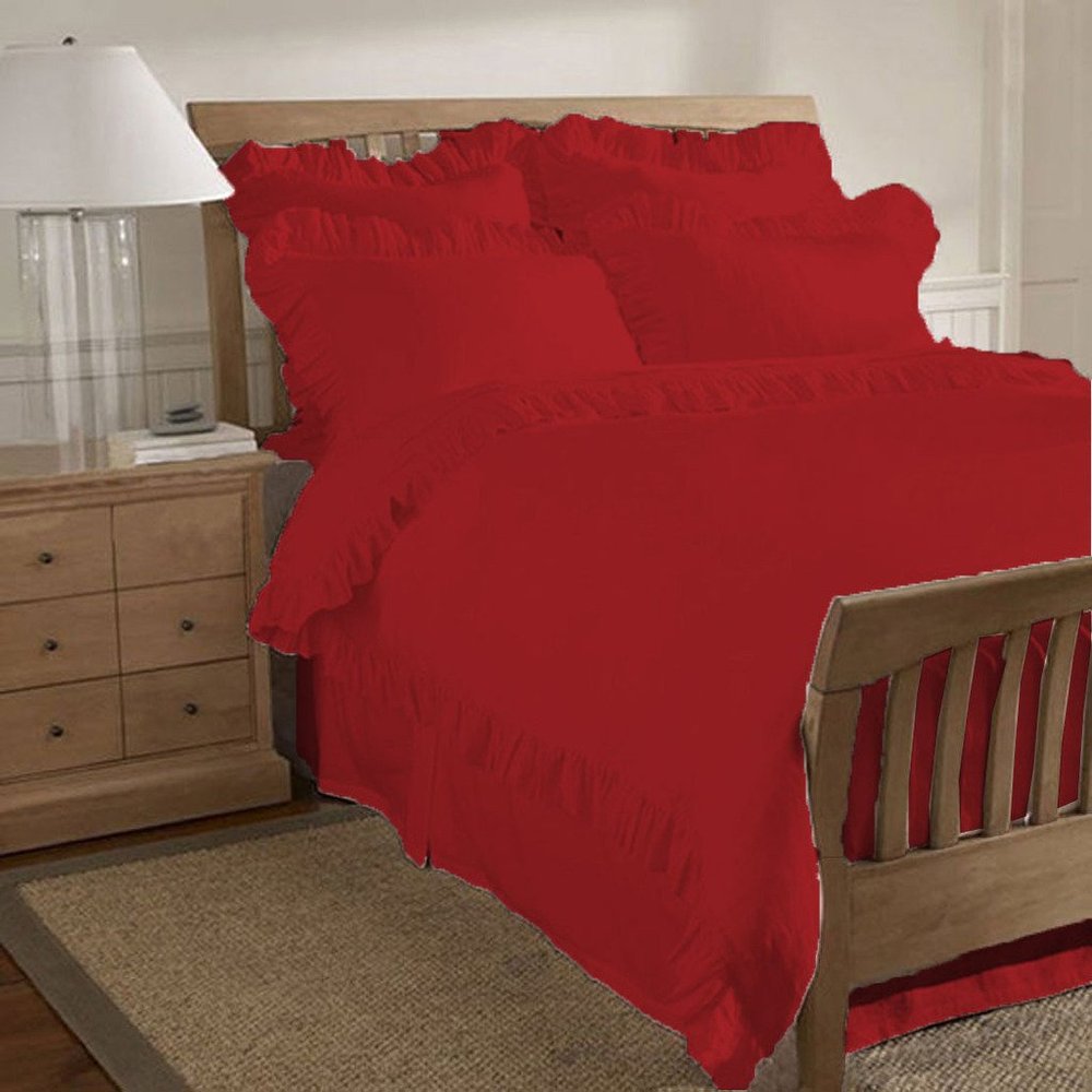200 Thread Count 5 Piece Ruffle Hem Duvet Cover Set with Extra Pillow Shams Queen 100% Egyptian Cotton Burgundy