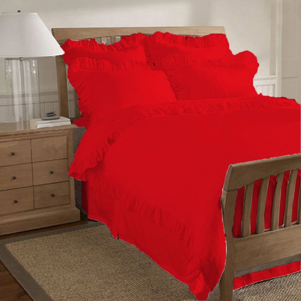 400 Thread Count 3 Piece Ruffle Hem Duvet Cover Set with Matching Pillow Shams Full/Queen 100% Egyptian Cotton Blood Red