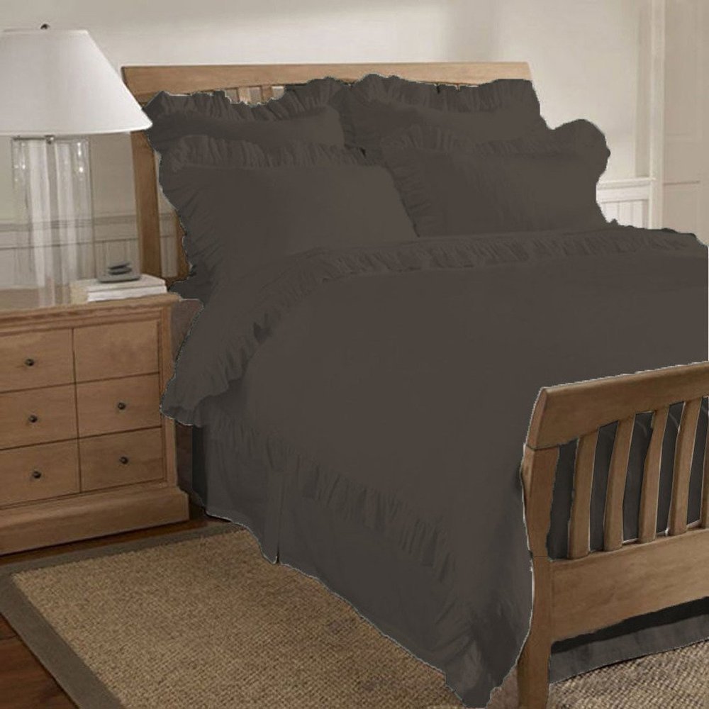 400 Thread Count 3 Piece Ruffle Hem Duvet Cover Set with Matching Pillow Shams Full/Queen 100% Egyptian Cotton Dark Gray