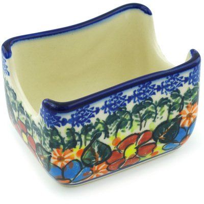 Polmedia Polish Pottery Sugar Packet Holder UNIKAT - Bold Poppies Pattern Handmade in Boleslawiec Poland by Ceramika Bona + Certificate of Authenticity