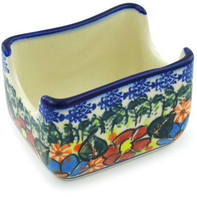 Polmedia Polish Pottery Sugar Packet Holder UNIKAT - Bold Poppies Pattern Handmade in Boleslawiec Poland by Ceramika Bona + Certificate of Authenticity