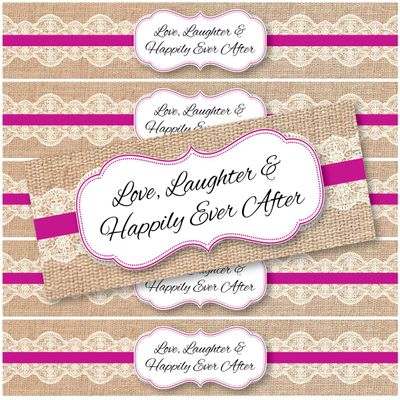 48 Burlap and Lace Waterproof Water Bottle Stickers for Favor Bags | Love, Laughter & Happily Ever After | (Wild Orchid)