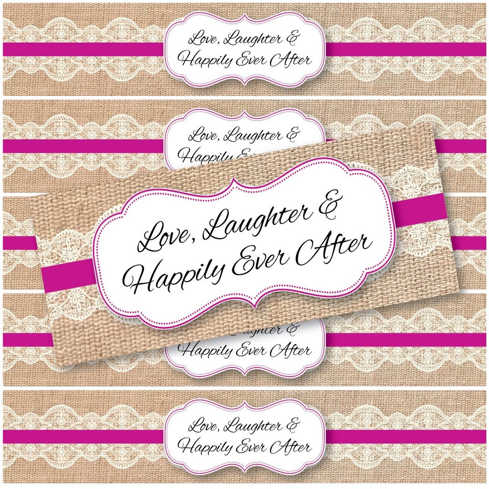 48 Burlap and Lace Waterproof Water Bottle Stickers for Favor Bags | Love, Laughter & Happily Ever After | (Wild Orchid)