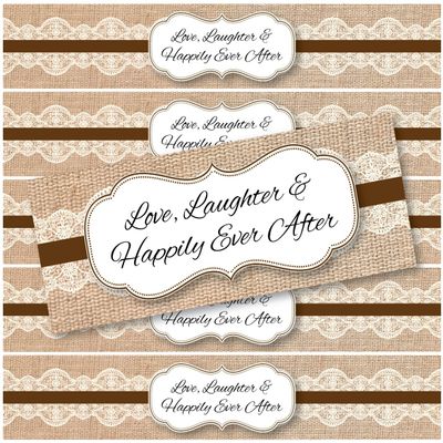 48 Burlap and Lace Waterproof Water Bottle Stickers for Favor Bags | Love, Laughter & Happily Ever After | (Chocolate Brown)
