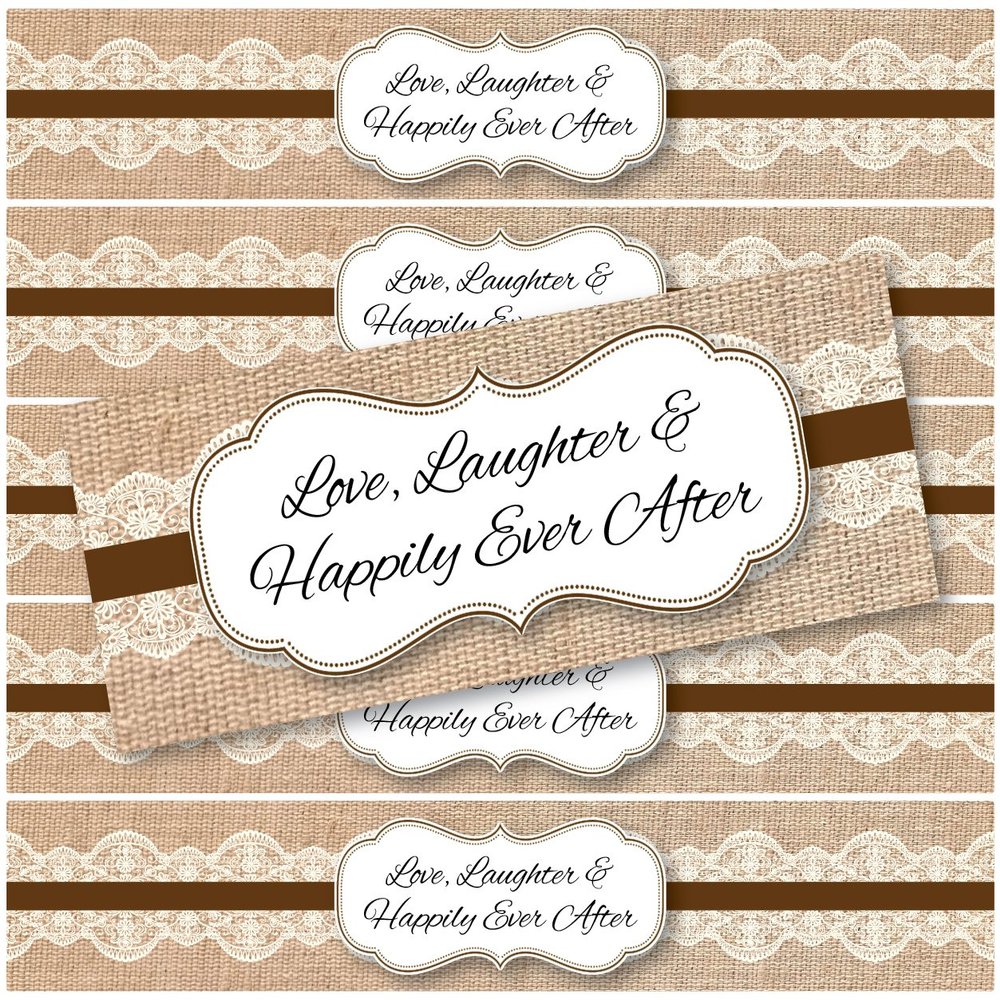 48 Burlap and Lace Waterproof Water Bottle Stickers for Favor Bags | Love, Laughter & Happily Ever After | (Chocolate Brown)