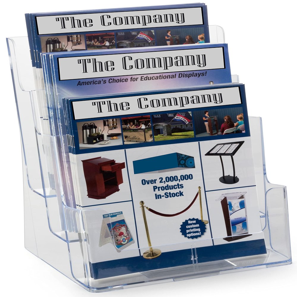Case of 4, 3-Tier Magazine Holders for Tabletop Use, 3 Tiers Display 8.5 x 11 Catalogs, Injection Molded Plastic Literature Racks with Slight Bluish Tint