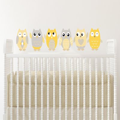 Owl Fabric Wall Decals, Set of 6 Owls Wall Stickers, 12"" Tall, Orange, Grey, White, Available in 4 Different Sizes, Non-Toxic, Reusable, Repositionable