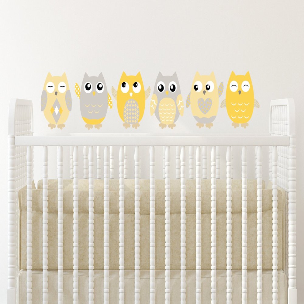 Owl Fabric Wall Decals, Set of 6 Owls Wall Stickers, 12"" Tall, Orange, Grey, White, Available in 4 Different Sizes, Non-Toxic, Reusable, Repositionable