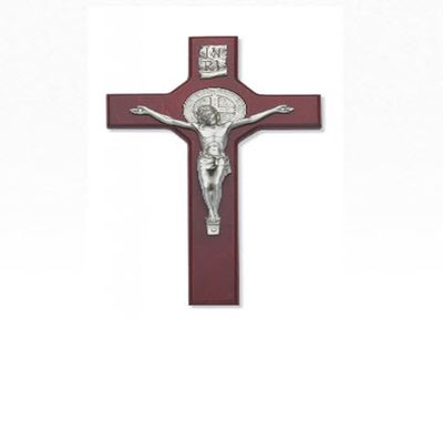 10.5" St. Benedict Cherry Crucifix with Silver Corpus Gift Boxed