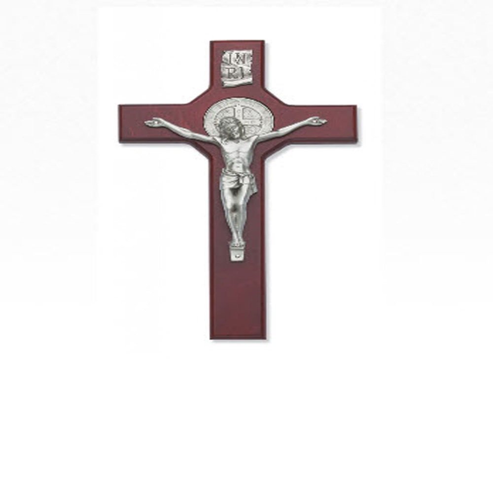 10.5" St. Benedict Cherry Crucifix with Silver Corpus Gift Boxed