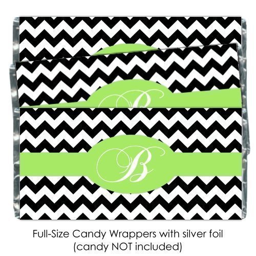 25 Black Chevron Monogram Candy Wrappers, Black Chevron with Green accent, Bridal Shower Favor