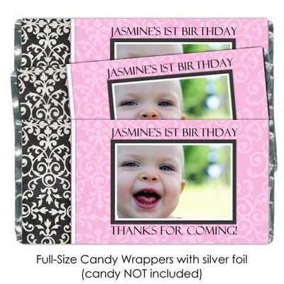 25 First Birthday Candy Wrappers, Custom Damask 1st birthday candy bar wrappers, photo candy wrapper