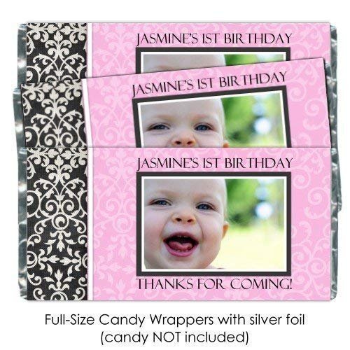 25 First Birthday Candy Wrappers, Custom Damask 1st birthday candy bar wrappers, photo candy wrapper