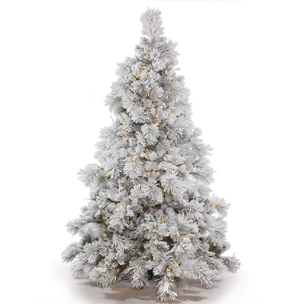 Vickerman 9' Flocked Alberta Artificial Christmas Tree, Pure White LED Lights - Snow Covered Faux Tree - Seasonal Indoor Home Decor - Easy Assembly with Lights