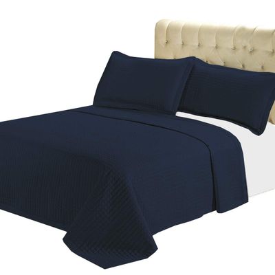 7- Pcs Bed Spread Set- King- Navy-Checkered Quilted Wrinkle-Free Microfiber Includes 3-Pcs Coverlets Set and 4-Pcs Sheet Set