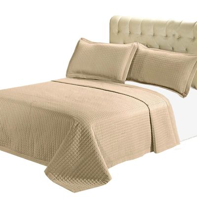 7- Pcs Bed Spread Set- California King- Beige-Checkered Quilted Wrinkle-Free Microfiber Includes 3-Pcs Coverlets Set and 4-Pcs Sheet Set