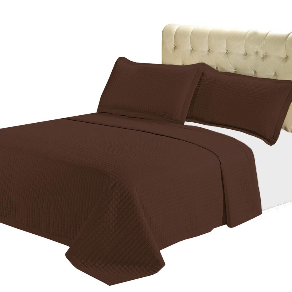 7- Pcs Bed Spread Set- California King- Chocolate-Checkered Quilted Wrinkle-Free Microfiber Includes 3-Pcs Coverlets Set and 4-Pcs Sheet Set