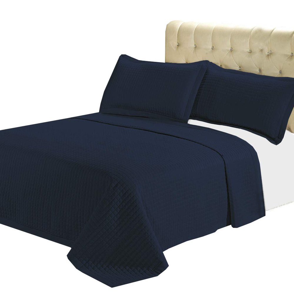 5- Pcs Bed Spread Set- Twin XL - Navy-Checkered Quilted Wrinkle-Free Microfiber Includes 2-Pcs Coverlets Set and 3-Pcs Sheet Set