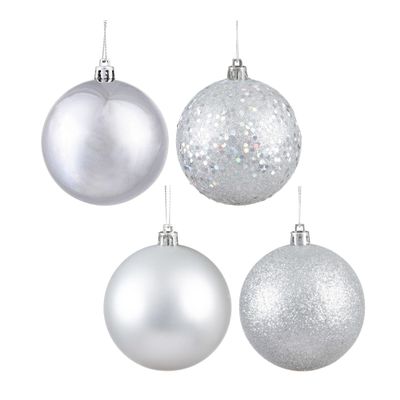 Vickerman 8" Silver 4-Finish Ball Ornament Set - Matte, Shiny, Glitter, Sequin, Shatterproof Plastic, Variety for Holiday Decorating, 4 Ornaments Per Box, Complements Various Dcor